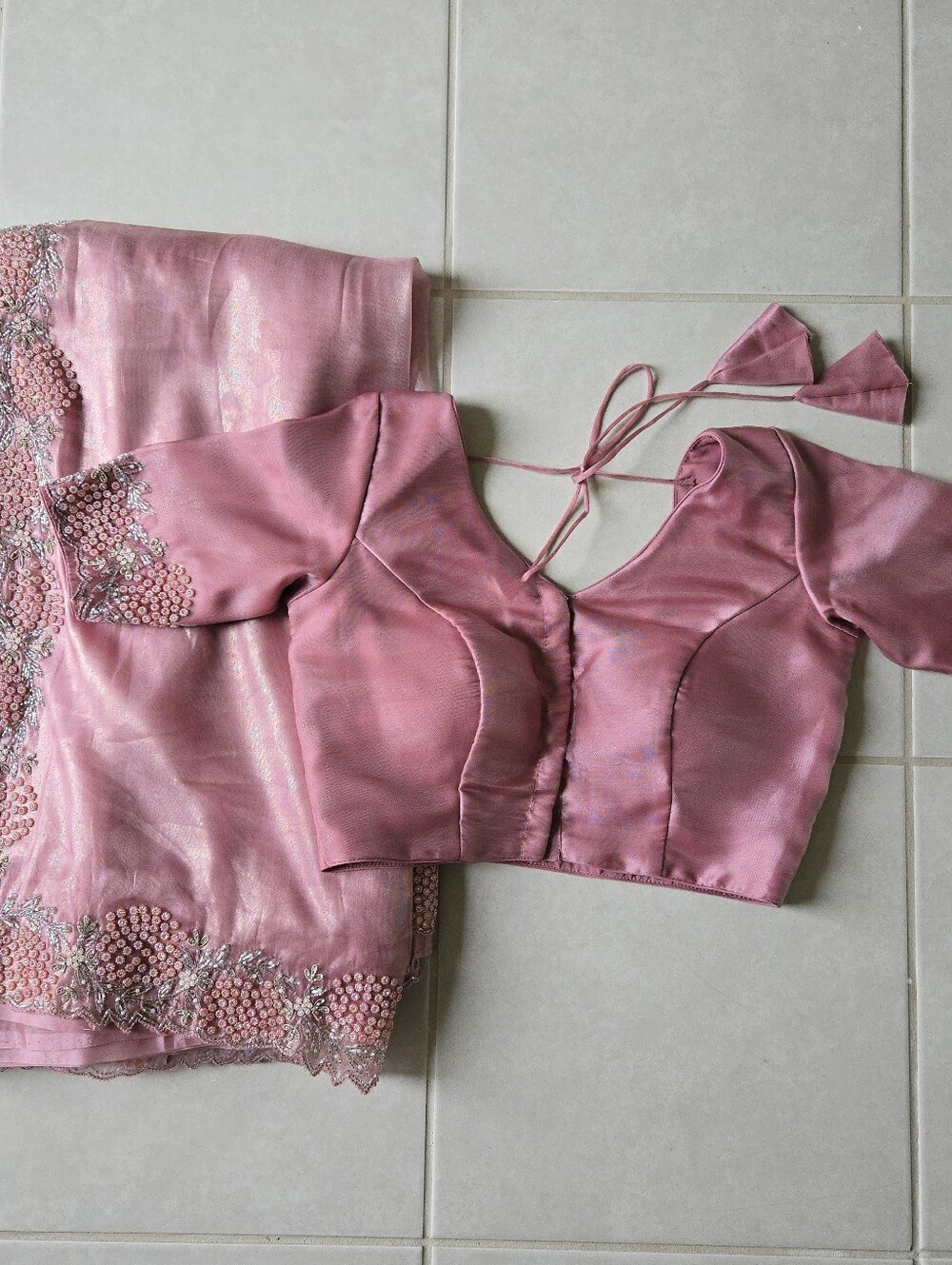 3 Pc Ready to Wear M Modern Soft Organza Saree Shiny Pink Stitched Blouse - Picture 2 of 12
